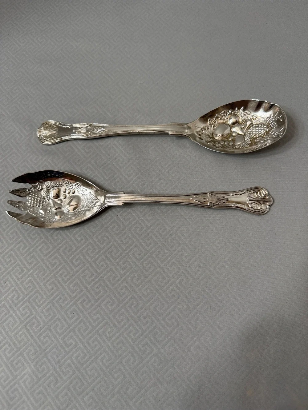 Vtg Ornate Silver Plate Salad Serving Utensils Fruit Motif Made in Hong Kong